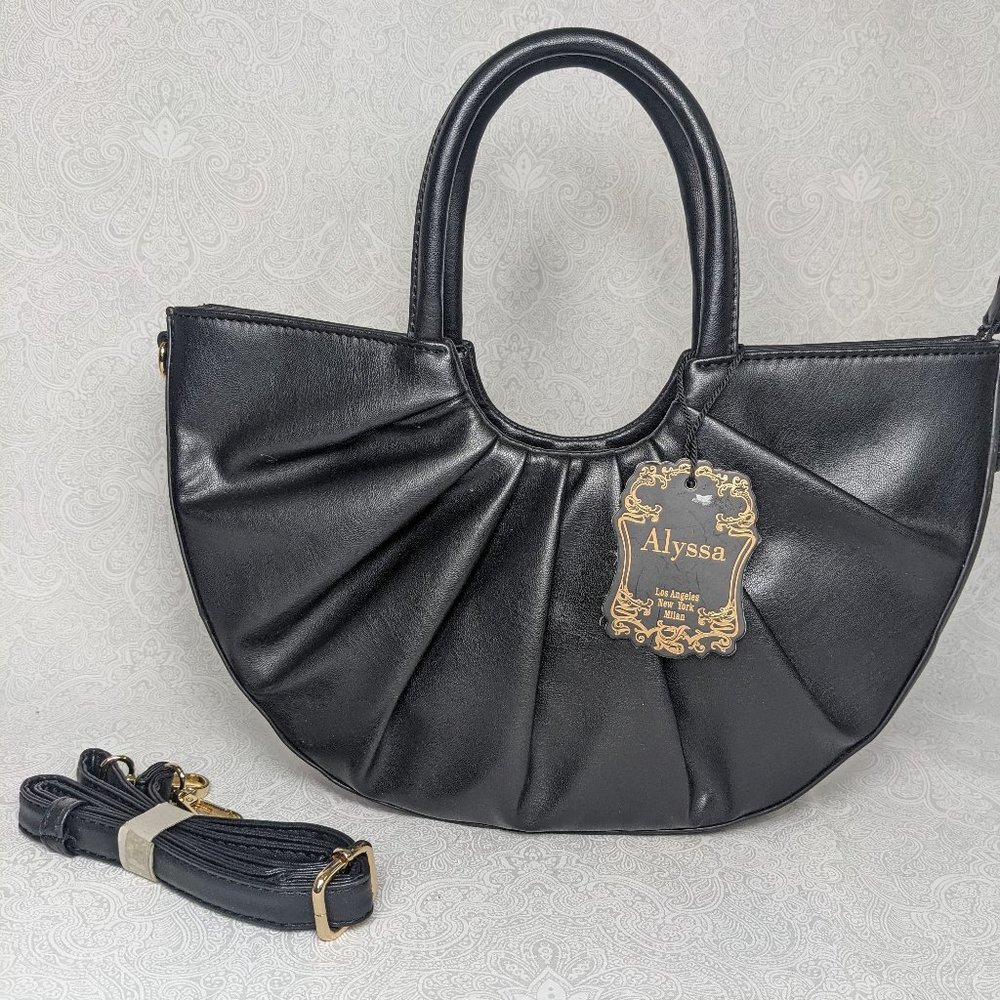 ALYSSA Los Angeles wedge pleated women's satchel tote crossbody bag - BLACK